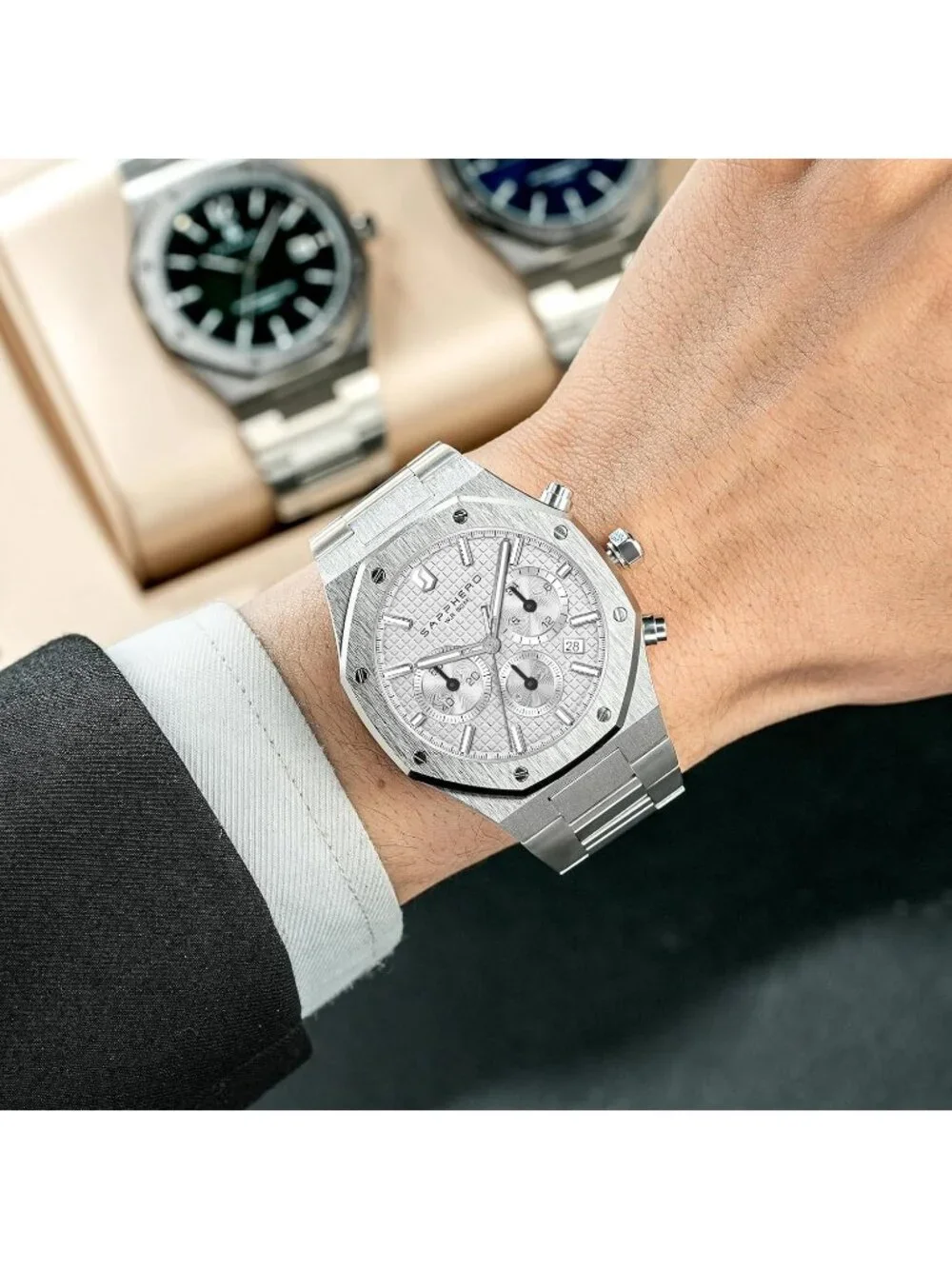 Men's Silver White Chronograph Quartz Movement Stainless Steel Luxury Date Watch